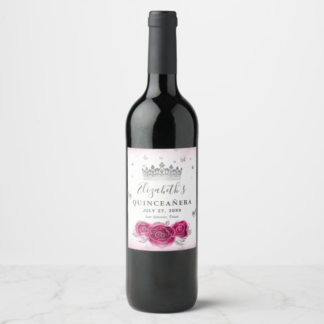 Elegant Fuchsia and Silver Crown Parchment Paper Wine Label (Front)