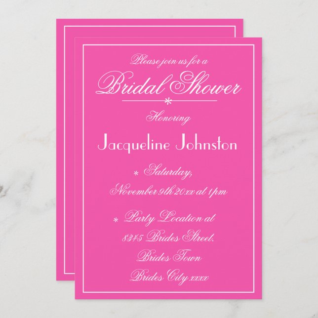 Elegant Fuchsia Custom Modern Chic Bridal Shower Invitation (Front/Back)