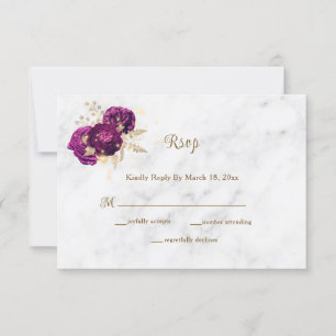 Elegant Fuchsia Floral Gold Marble Wedding RSVP Card