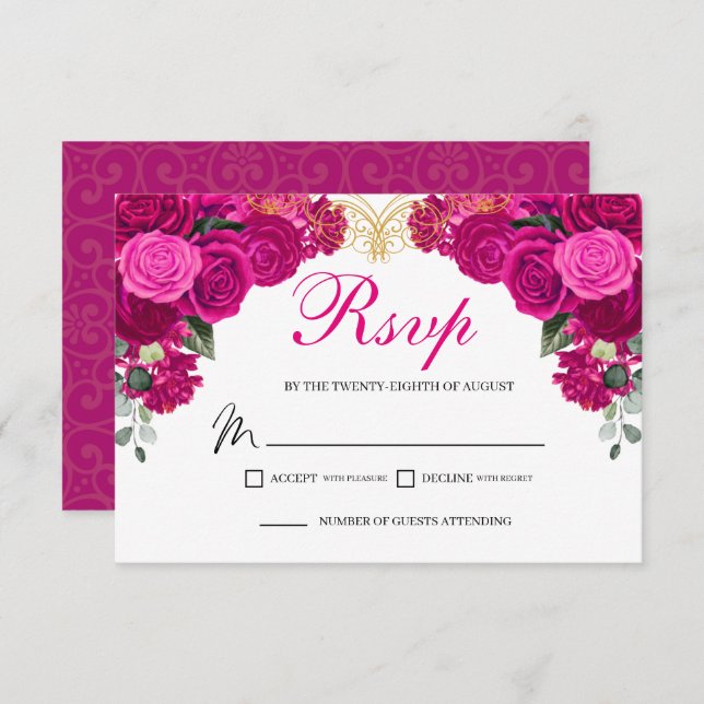 Elegant Fuchsia Gold Floral RSVP Enclosure Card (Front/Back)