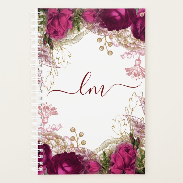 Elegant Fuchsia Gold Rose Floral Initial Planner (Front)