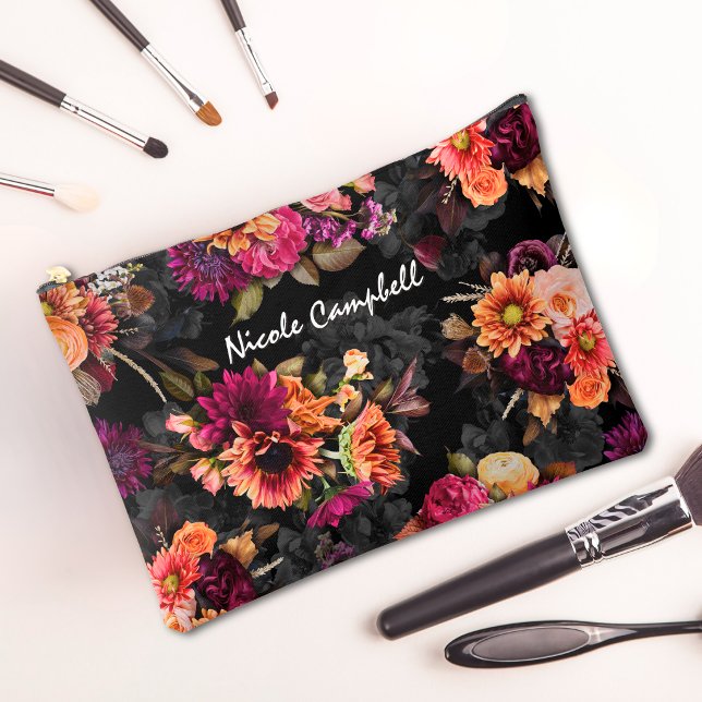 Elegant Fuchsia Orange Botanical Monogram Accessory Pouch (Creator Uploaded)