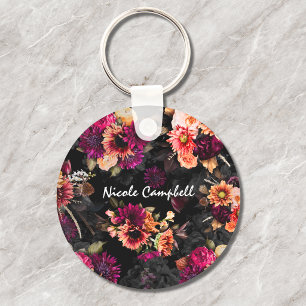 Elegant fuchsia orange floral monogram key ring