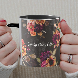 Elegant Fuchsia Orange Floral Monogram Mug