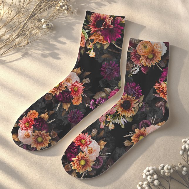 Elegant Fuchsia Orange Floral Monogram Socks (Creator Uploaded)