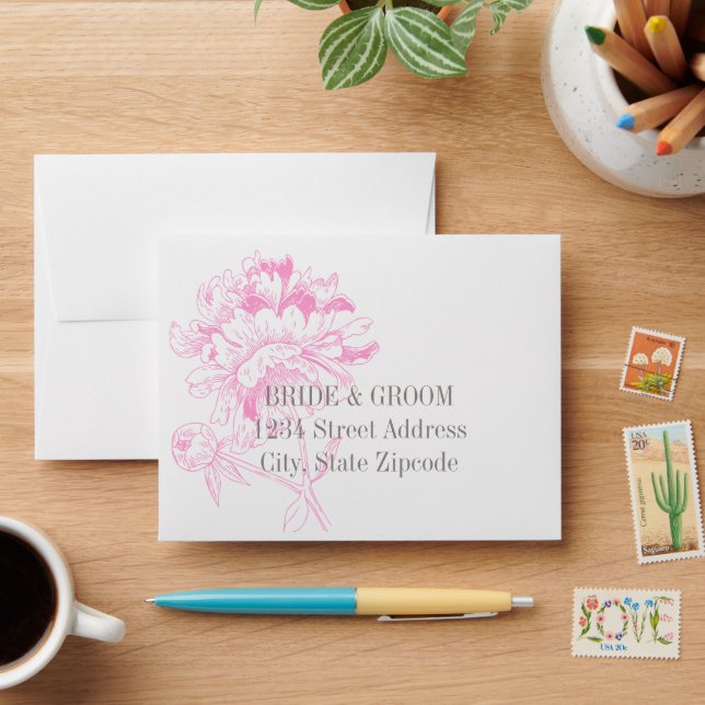 Elegant Fuchsia Pink and Grey Floral Peony Wedding Envelopes (Desk)