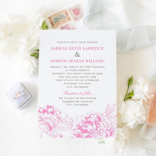 Elegant Fuchsia Pink and Grey Floral Peony Wedding Invitation