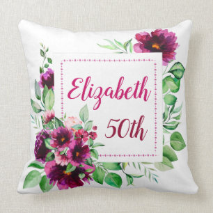 Elegant Fuchsia Pink Floral 50th Birthday Cushion