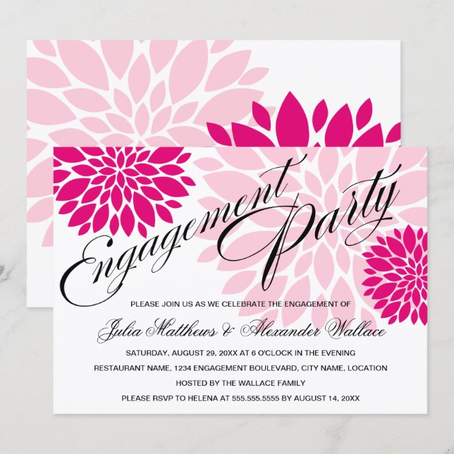 Elegant Fuchsia Pink Floral Burst Engagement Party Invitation (Front/Back)