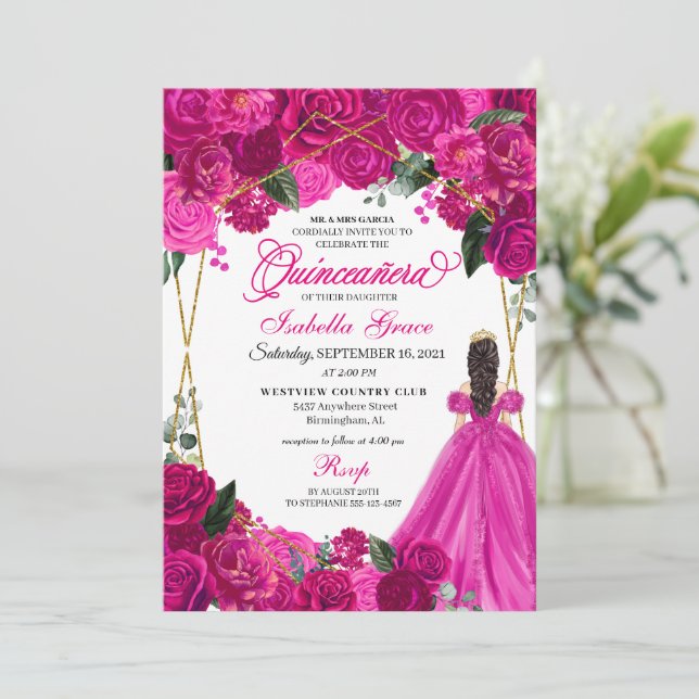 Elegant Fuchsia Pink Floral Quinceanera Birthday I Invitation (Standing Front)