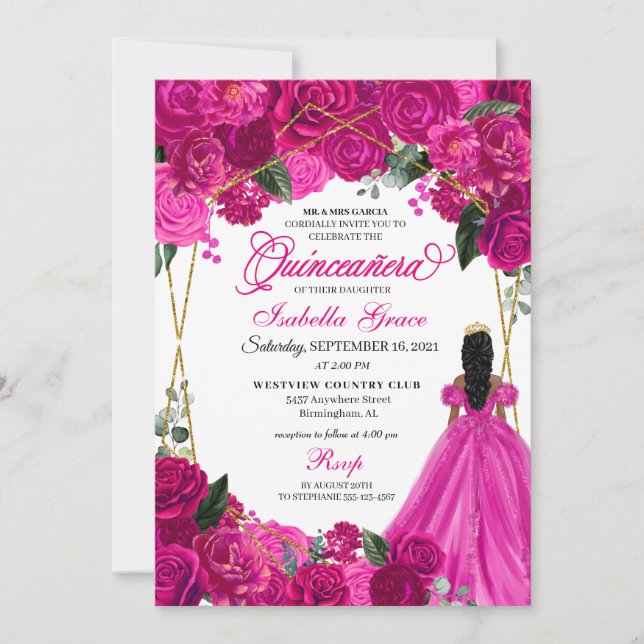 Elegant Fuchsia Pink Floral Quinceanera Birthday Invitation (Front)