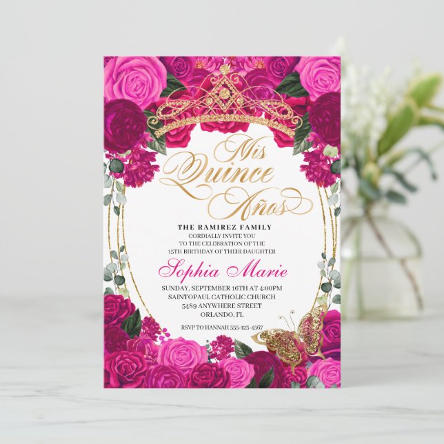 Elegant Fuchsia Pink Floral Quinceanera Birthday Invitation (Standing Front)