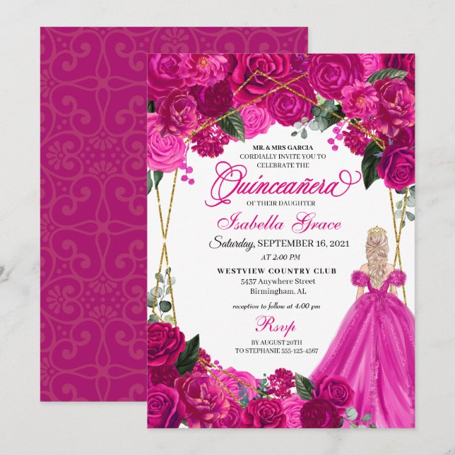 Elegant Fuchsia Pink Floral Quinceanera Birthday Invitation (Front/Back)