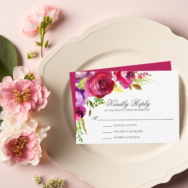 Elegant Fuchsia Pink Floral Wedding RSVP Card (Creator Uploaded)
