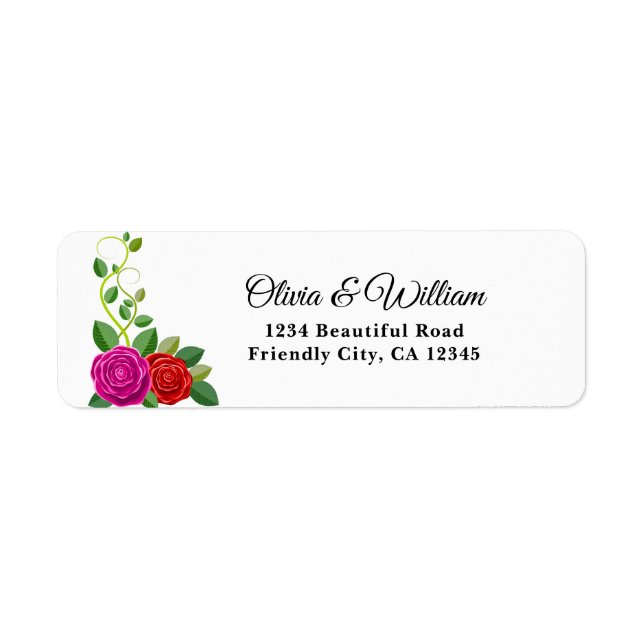 Elegant Fuchsia Pink & Red Rose Flower Return Address Label (Front)
