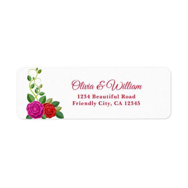 Elegant Fuchsia Pink & Red Rose Flower Return Address Label (Front)