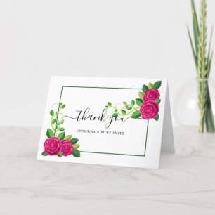 Elegant Fuchsia Pink Rose Bouquet Flowers Wedding Thank You Card