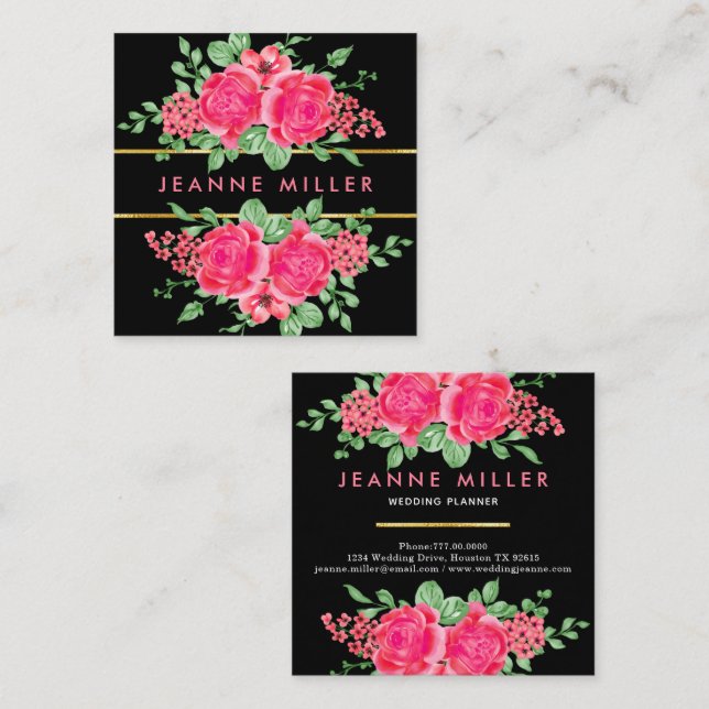 Elegant Fuchsia Pink Rose Flower Wedding Planner Square Business Card (Front/Back)