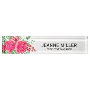 Elegant Fuchsia Pink Rose Flowers Manager White Nameplate