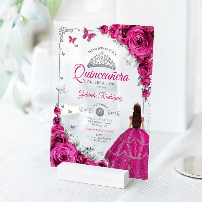 Elegant Fuchsia Pink Roses Silver Quinceanera  Acrylic Invitations (Creator Uploaded)