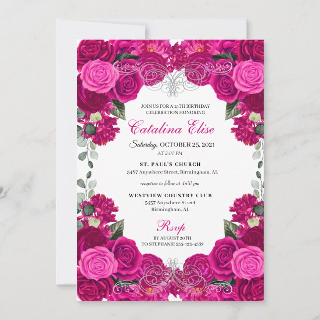 Elegant Fuchsia Pink Silver Floral Quinceanera  In Invitation (Back)