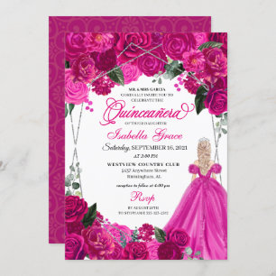 Elegant Fuchsia Pink Silver Floral Quinceanera Inv Invitation