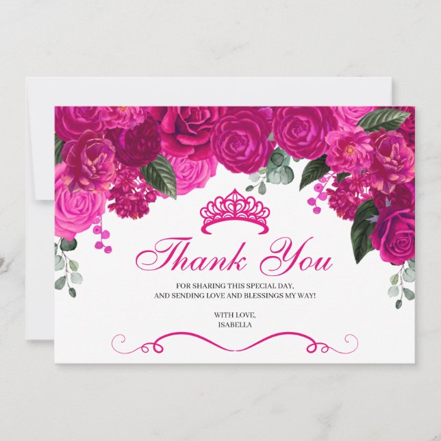 Elegant Fuchsia Pink Silver Floral Quinceanera Thank You Card (Front)