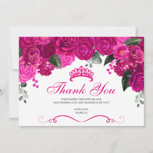 Elegant Fuchsia Pink Silver Floral Quinceanera Thank You Card