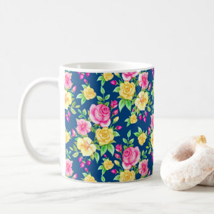 Elegant Fuchsia Pink Yellow Rose Floral Pattern Coffee Mug