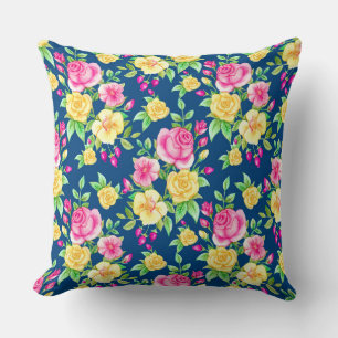 Elegant Fuchsia Pink Yellow Rose Floral Pattern Cushion