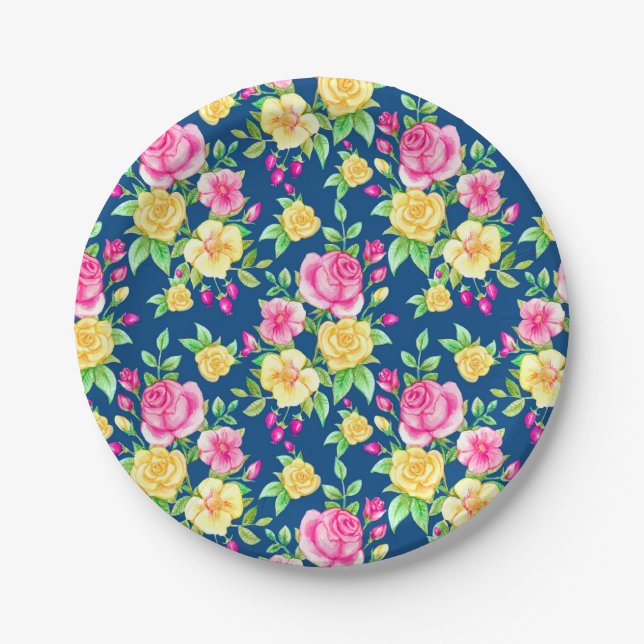 Elegant Fuchsia Pink Yellow Rose Floral Pattern Paper Plate (Front)