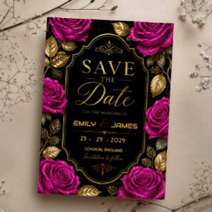 Elegant Fuchsia Rose and Gold Luxury Black Floral Save The Date