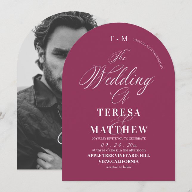 Elegant Fuchsia & White Classic Script Wedding  Invitation (Front/Back)