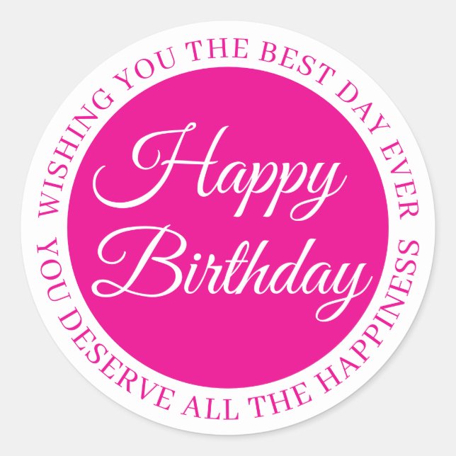 Elegant Fuchsia & White “Happy Birthday” Sticker  (Front)