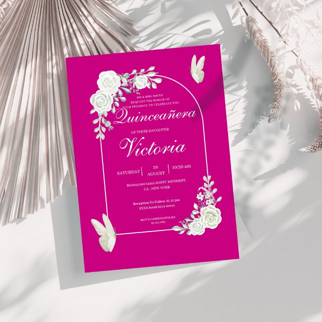 Elegant Fuchsia White Roses Butterfly Quinceañera Invitation (Creator Uploaded)