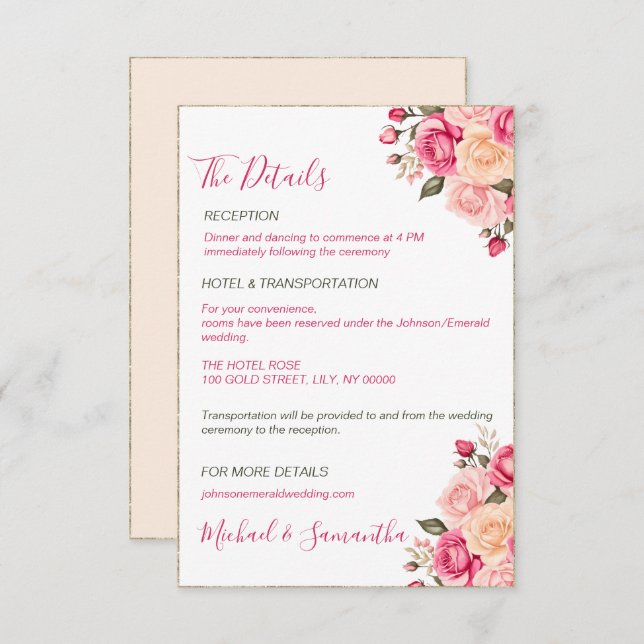 Elegant Fucia Pink and Ivory Rose Wedding Enclosure Card (Front/Back)
