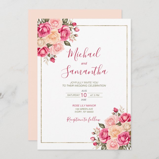 Elegant Fucia Pink and Ivory Rose Wedding Invitation (Front/Back)