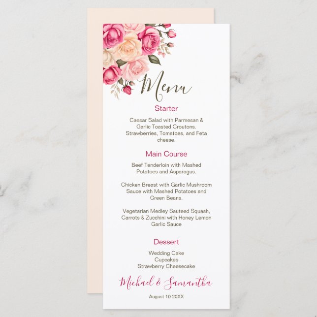 Elegant Fucia Pink and Ivory Rose Wedding Menu (Front/Back)