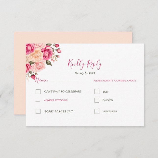 Elegant Fucia Pink and Ivory Rose Wedding RSVP Card (Front/Back)