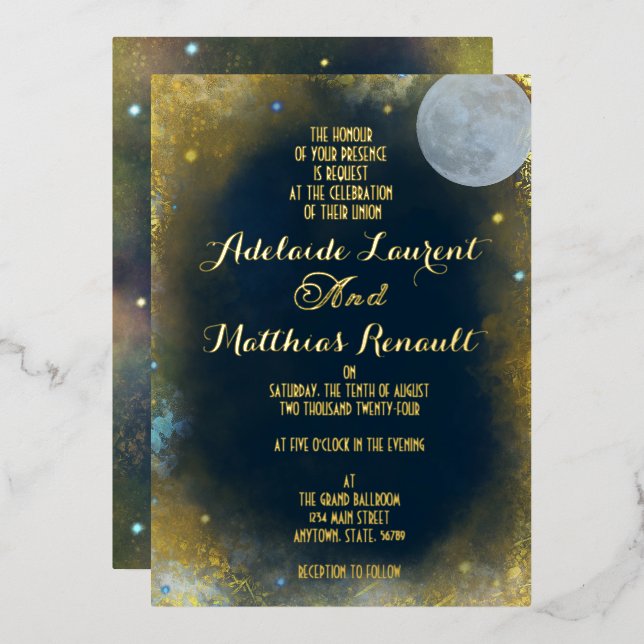 Elegant Full Moon Celestial Wedding: Blue and Gold (Front/Back)