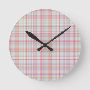Elegant Fun, Classic Pink 'n Green Geometric Plaid Round Clock