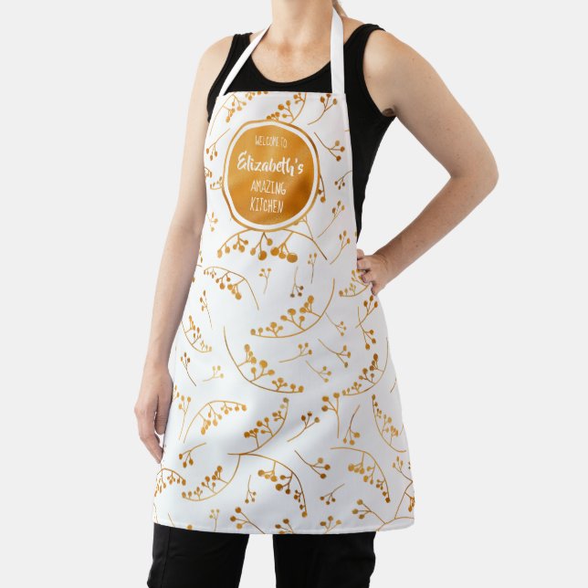 Elegant fun custom gold berries on white pattern apron (Insitu)