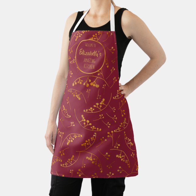 Elegant fun custom gold marsala pink berry pattern apron (Insitu)