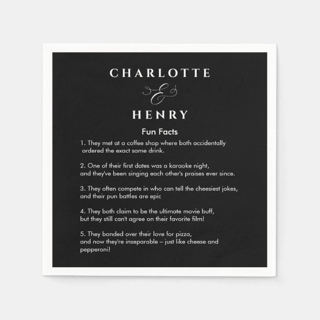 Elegant Fun Facts Black & White Wedding Napkin (Front)