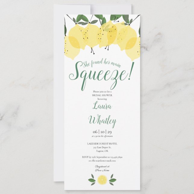 Elegant Fun Main Squeeze Lemon Bridal Shower Invitation (Front)