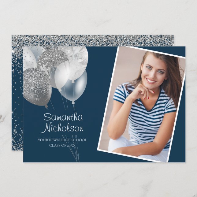 Elegant Fun Navy Blue Silver Glitter College Trunk Invitation (Front/Back)