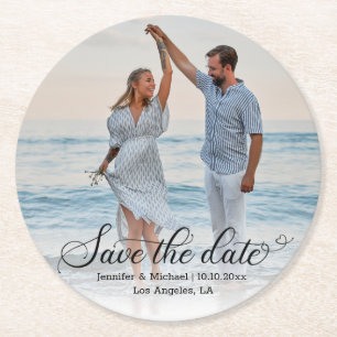 elegant fun script faded photo save the date round paper coaster