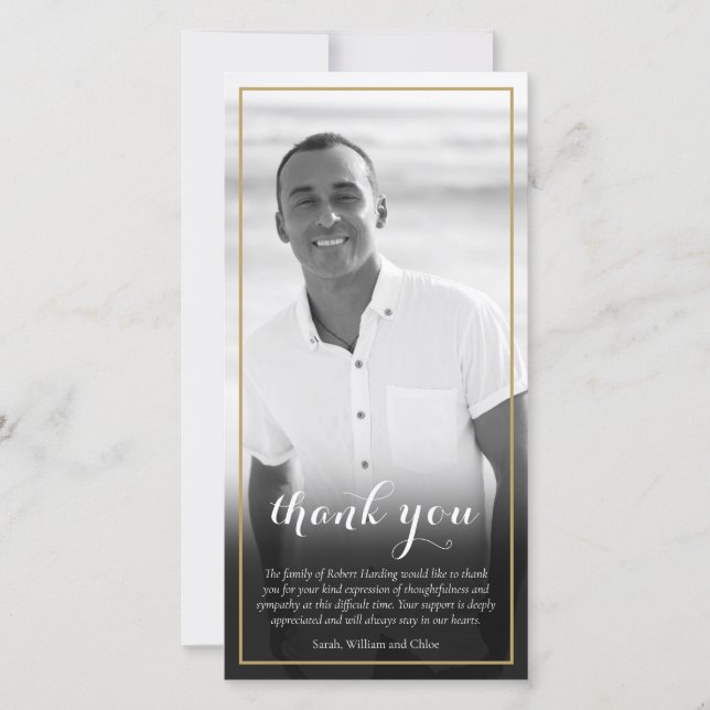 Elegant Funeral Black and White Photo Script Thank You Card (Front)