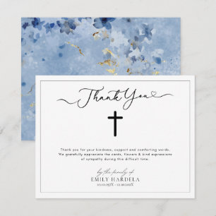 Elegant Funeral Card with Cross Golden Blue Floral