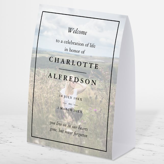 Elegant Funeral | Chic Memorial Service Photo (Elegant Memorial table tent sign to celebrate the life of your loved one)